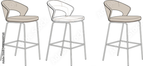 Modern bar stool furniture CAD technical drawing flat vector illustration, contemporary counter chair design sketches isolated on a white background.