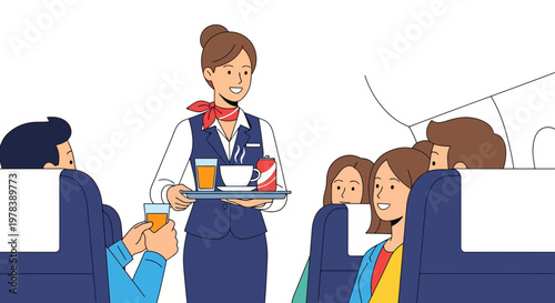 Flight attendant serving drinks and snacks to passengers sitting in the airplane cabin during a domestic or international commercial airline trip