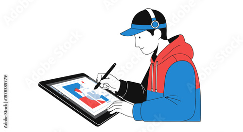 Young creative person working on a digital tablet with a stylus pen for professional artistic projects in a modern studio or remote workspace area