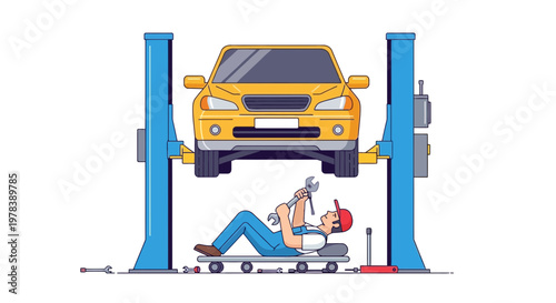 Automotive mechanic lying on a creeper underneath a lifted yellow sedan car performing vehicle maintenance service in a professional repair shop