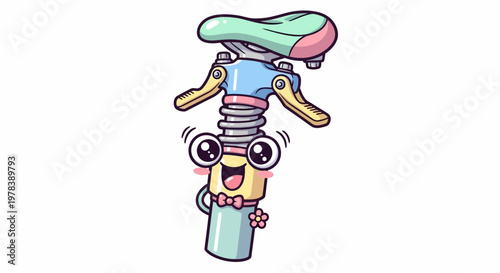Whimsical cartoon bicycle seat and post character illustration featuring a joyful, expressive face in pastel colors, ideal for playful design elements, children's content, and sports-themed projects