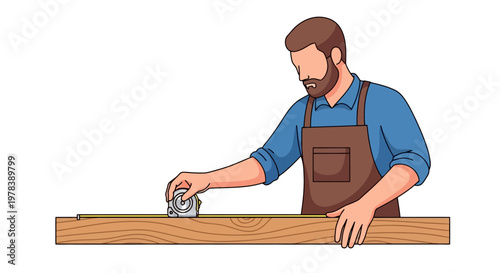 Professional Carpenter Wearing Brown Leather Apron Using Metal Tape Measure To Check Dimensions Of Wooden Board For Custom Furniture Construction