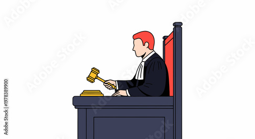 A male judge in a black robe sitting on a tall chair and holding a wooden gavel while striking a block to announce a verdict in a court room teacher
