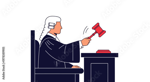 Judge In A Traditional Courtroom Robe And Wig Using A Red Wooden Gavel To Make A Binding Legal Decision During A Formal Session In The Courthouse