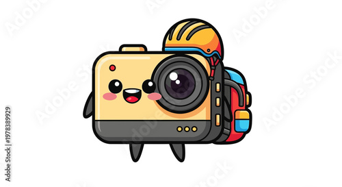 Cute Action Camera Character with Backpack and Helmet for Adventure and Travel Photography