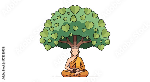 Meditating Monk Sitting Under A Tree With Heart Shaped Leaves Concept For Peaceful Mindfulness And Spiritual Enlightenment Practice In Daily Life