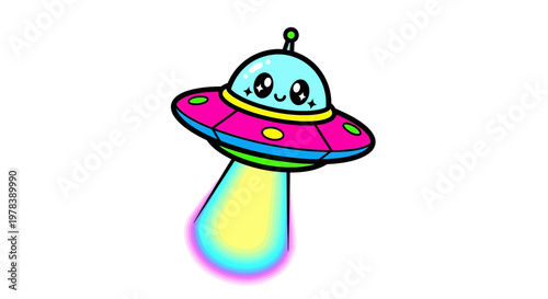 Adorable and vibrant cartoon UFO illustration featuring a cheerful alien spaceship emitting a colorful light beam, perfect for imaginative and playful design projects
