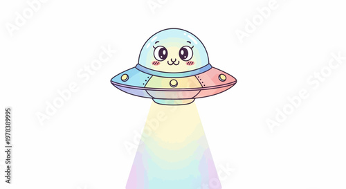 Whimsical cartoon spaceship illustration with a charming pastel color palette and a beaming rainbow light, perfect for playful, imaginative themes and children's designs