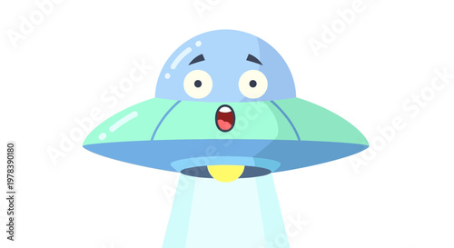 Surprised flying saucer with wide eyes and open mouth, emitting light beam, illustration on white background