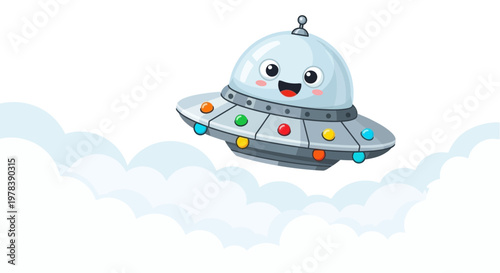 Smiling cartoon flying saucer illustration joyfully soaring above fluffy clouds, adorned with vibrant colorful lights, a whimsical and friendly alien spacecraft design
