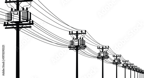 Perspective silhouette of utility poles with electrical transformers and power lines for energy distribution, industrial infrastructure, electricity supply, and grid,