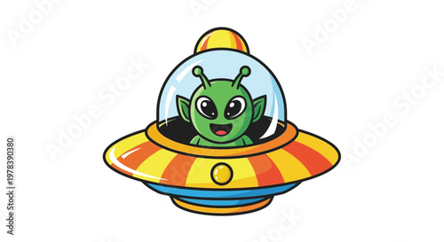 Cute cartoon alien in a flying saucer spaceship, an extraterrestrial creature with big eyes and a friendly smile, exploring the cosmos and outer space