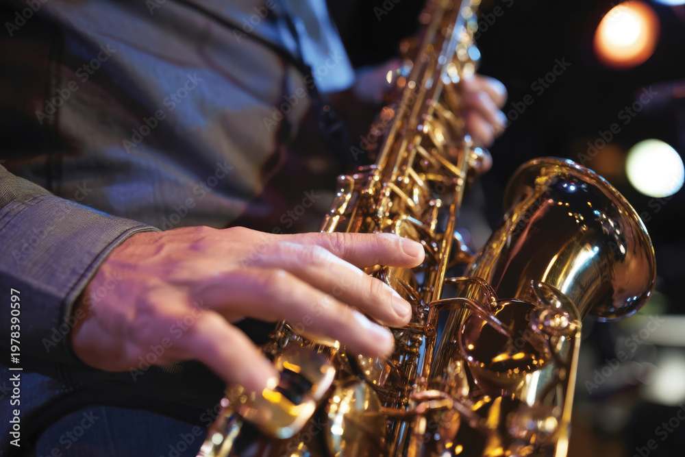 Obraz premium A captivating close-up of a saxophonist playing in a dimly lit venue showcases the beauty of the instrument's shine and the musician's intense focus on their craft.