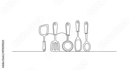 Kitchen Utensils Line Art Set: Spatula, Ladle, Spoon, Turner - Vector Illustration