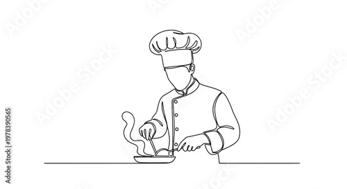 Chef Cooking Food One Line Drawing Art