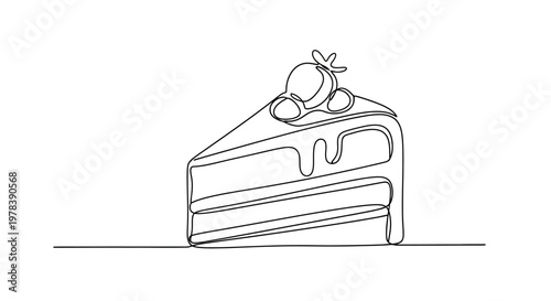 Minimalist slice of cake with strawberry, continuous line drawing