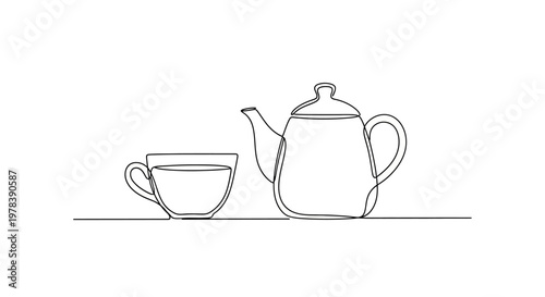 Minimalist Single Line Drawing of Teapot and Cup on White Background