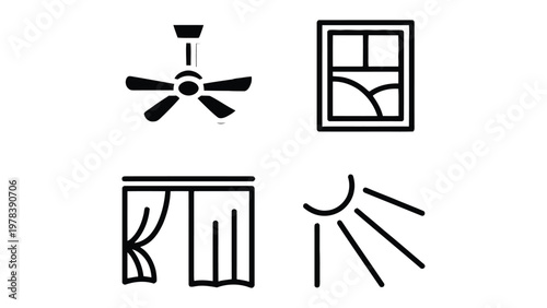 Home Interior Icons: A collection of simple, yet elegant black and white line icons representing various elements of a home's interior, designed to complement interior design projects