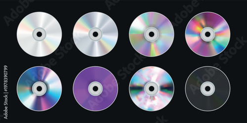 Set of 8 Compact Discs with Iridescent Reflections on Black Background. Vector Compact Discs Set. CD and DVD Collection
