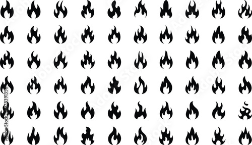 Fire icon vector set, collection of flame symbols with modern stylized fire icons for warning energy and heat related design elements.