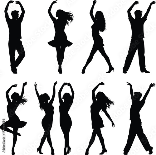 Black Vector Silhouette Set of Men and Women Dancing in Energetic Poses Isolated on White Background for Party Music and Event Poster Design