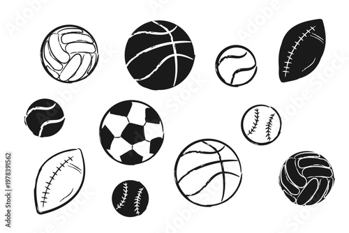 Hand drawn sports balls collection in grunge style vector set of soccer basketball football tennis and baseball icons with ink texture isolated on white