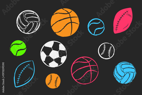 Colorful hand drawn sports balls on black background vibrant neon doodle set of soccer basketball football and tennis icons artistic vector illustration