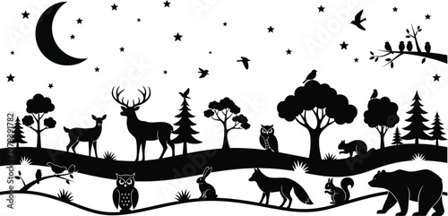 Black and white forest landscape with animals and moonlit night sky