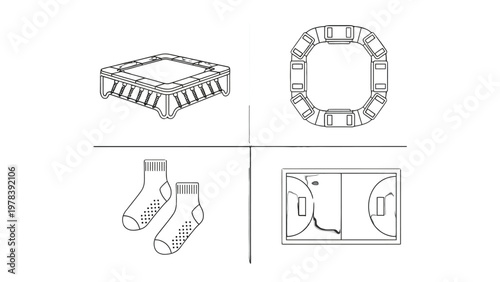 Sports and Leisure Elements: A minimalist illustration of essential sports elements, including a trampoline, socks, and a sports arena, all in monochrome.