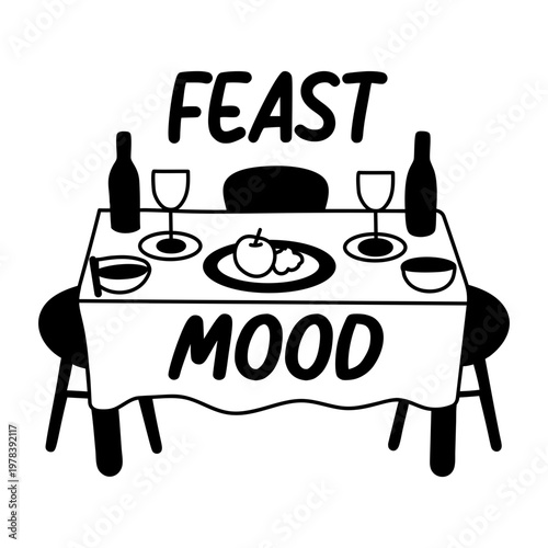 A glyph sticker of dinner table with feast mood typography 

