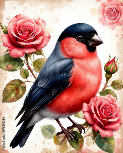BEAUTIFUL BULLFINCH BIRD WITH PINK ROSES. VINTAGE BOTANICAL WATERCOLOR ILLUSTRATION. DECORATIVE FLORAL ART WITH COLORFUL NATURE BIRD.