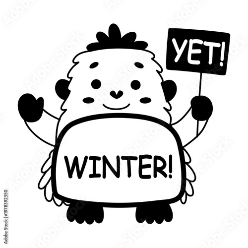 A glyph sticker of a cartoon holding a signboard with winter typography

