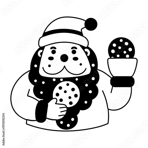 A glyph sticker of santa holding christmas cookies in hands


