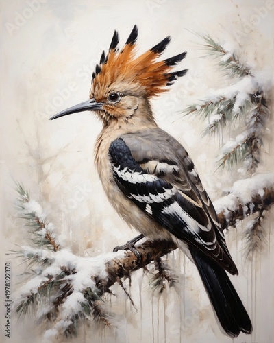 HOOPED BIRD WITH ORANGE CREST ON SNOWY PINE BRANCH. WINTER WILDLIFE OIL PAINTING. BEAUTIFUL BIRD PORTRAIT IN COLD SEASON NATURE ART.