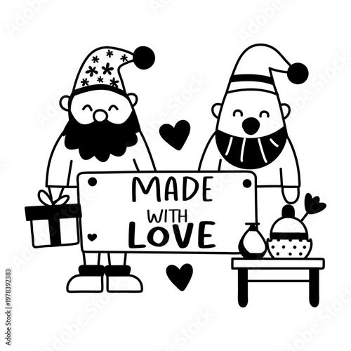 A glyph sticker of two dwarfs with made with love typography

