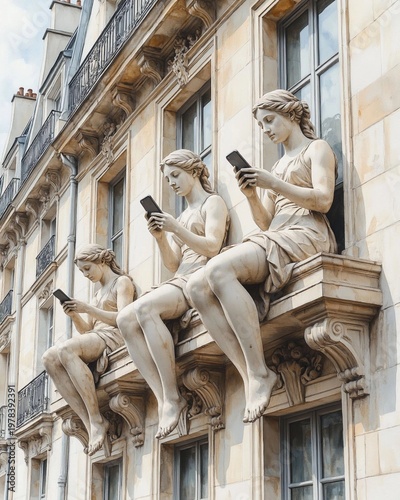 CLASSICAL FEMALE STATUES SITTING ON BUILDING LEDGES USING SMARTPHONES. SURREAL ART BLENDING ANCIENT SCULPTURE WITH MODERN TECHNOLOGY AND SOCIAL MEDIA.