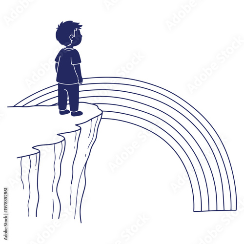 Boy standing on cliff edge gazing at rainbow hopeful inspiring future illustration art graphic design vector