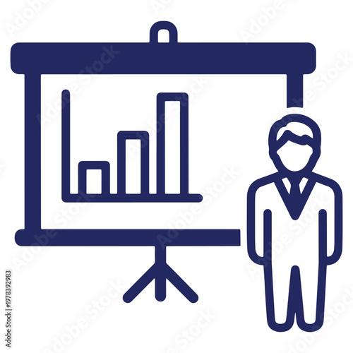 Business Presentation Icon Depicting Growth and Strategy with Professional Presenter Stand and Bar Graph Chart for Data Analysis and Market Projections