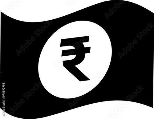 Black Indian Rupee INR currency note icon representing India finance money savings investment wealth and monetary payment isolated
