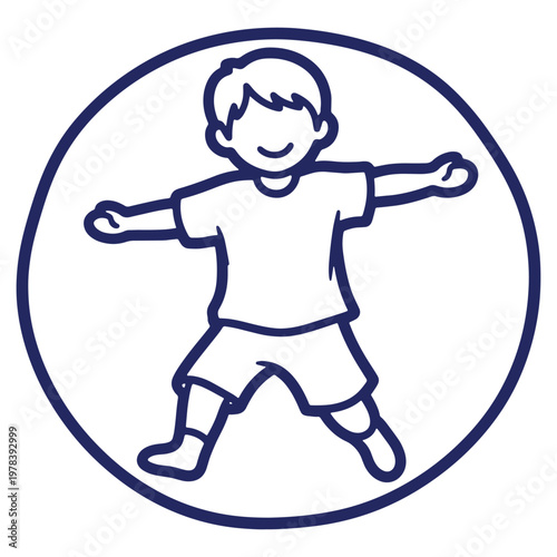 Cartoon boy in athletic pose inside a circular frame representing youthful energy and activity for health and wellness materials