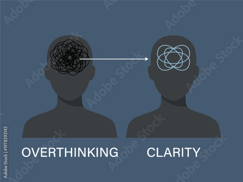 Illustration showing the transition from a chaotic, overthinking mind to a clear, organized thought process.