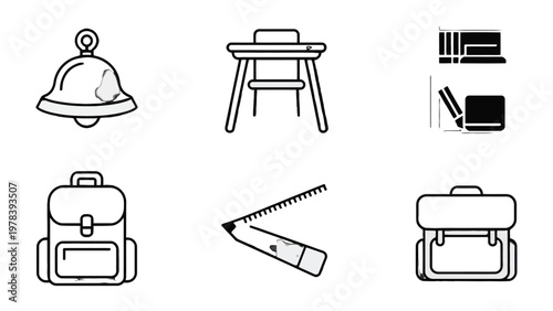 School Icon Set: A minimalistic collection of school icons, designed with clean lines and a modern aesthetic, perfect for educational projects and design needs.