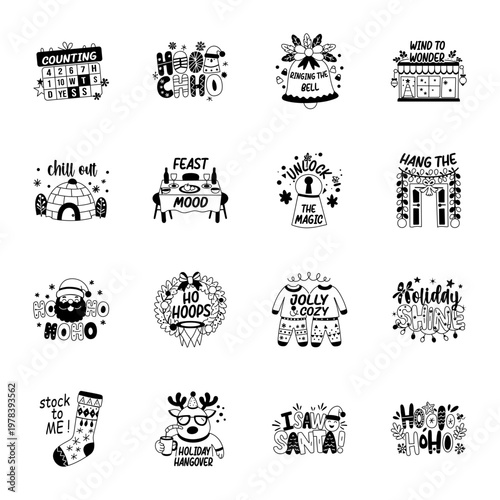 Photos Set of Glyph Style Christmas Festival Stickers