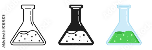 Laboratory beaker icon set collection in flat style. Flask with liquid vector illustration on isolated background. Pharmacy container sign business concept.