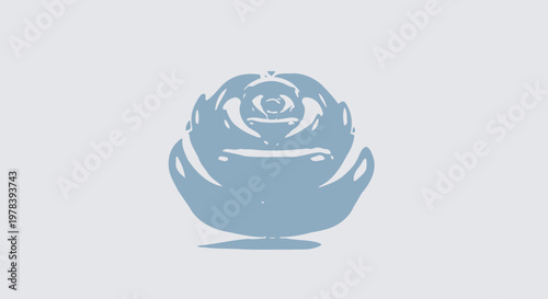 A stylized, monochromatic illustration of a single rose flower, elegantly rendered in soft blue tones against a muted grey background