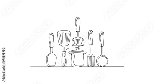 Minimalist Line Art Kitchen Utensils Collection: Spatula, Ladle, Pot, Turner, Whisk