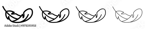 Set of four minimalist contour icons of curved feathers with different line thicknesses, symbolizing flexibility, softness and weightlessness. Vector illustration.