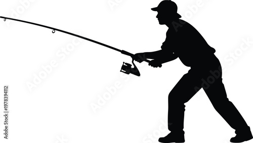 Minimalist Black Silhouette of an Active Angler Using a Professional Spinning Rod and Reel for Sport Fishing Recreation and Outdoor Adventure Concept Illustration