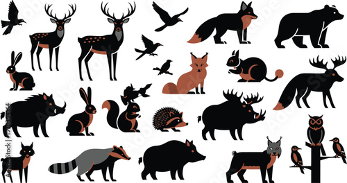 Collection of various wildlife animals in silhouette and one realistic color