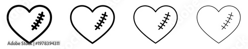 A set of linear heart icons with a scar or medical stitches, presented in four different line weights. Symbol of heart surgery, recovery, cardiac surgery, or emotional pain. Vector illustration.